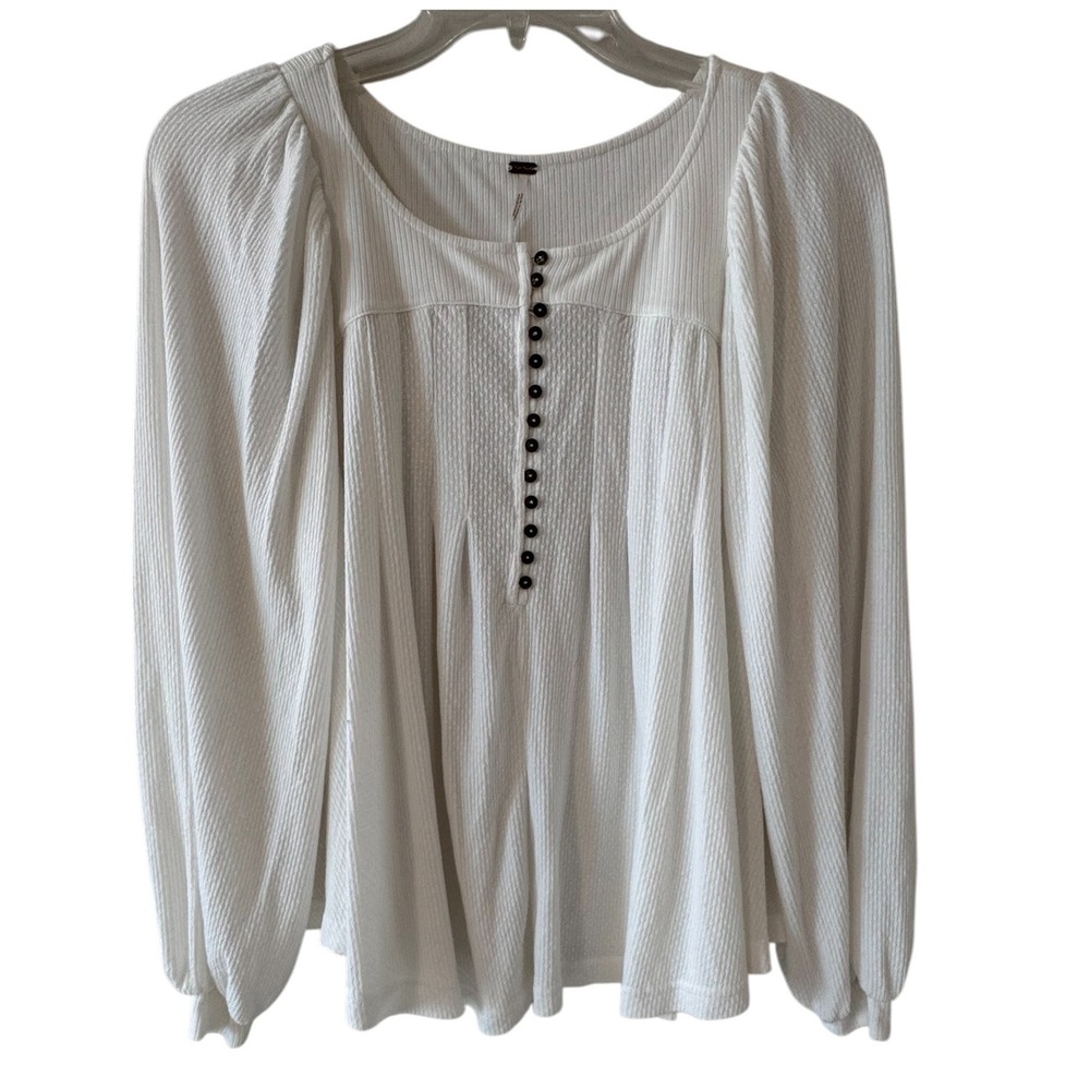 Free People White Ribbed Henley Puff Sleeve Pleated Blouse Top Size S